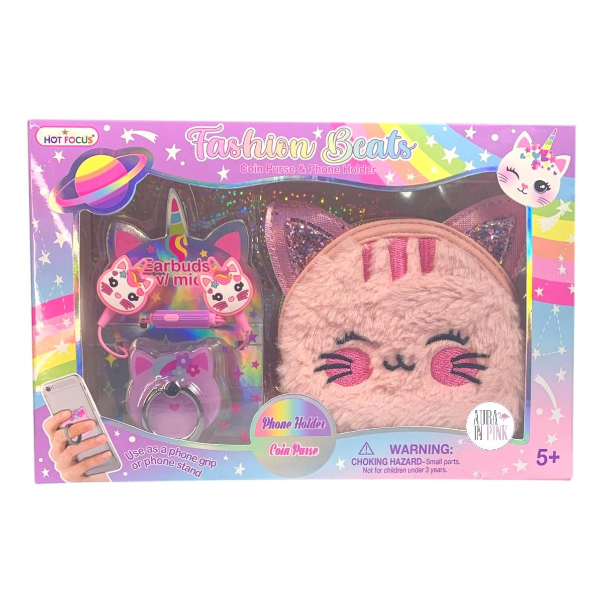 Hot Focus Fashion Beats Plush Pink Cat Coin Purse, Caticorn Ear Buds w/Mic & Phone Holder Set