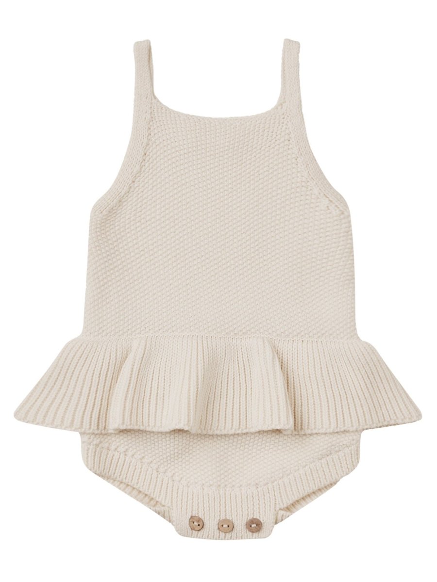 KNIT RUFFLE ROMPER, NATURAL