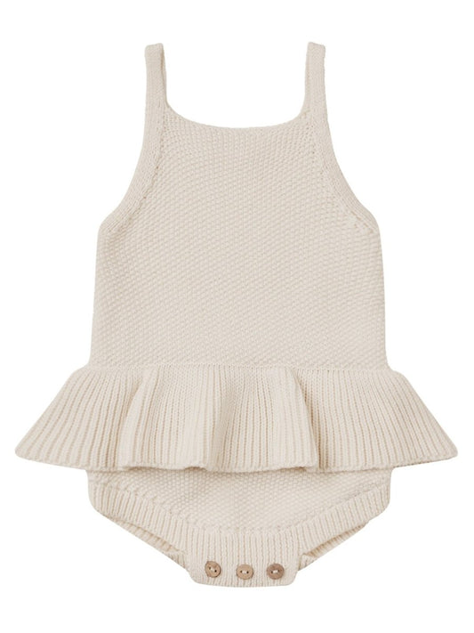 KNIT RUFFLE ROMPER, NATURAL